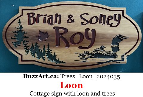 Cottage sign with loon and trees
